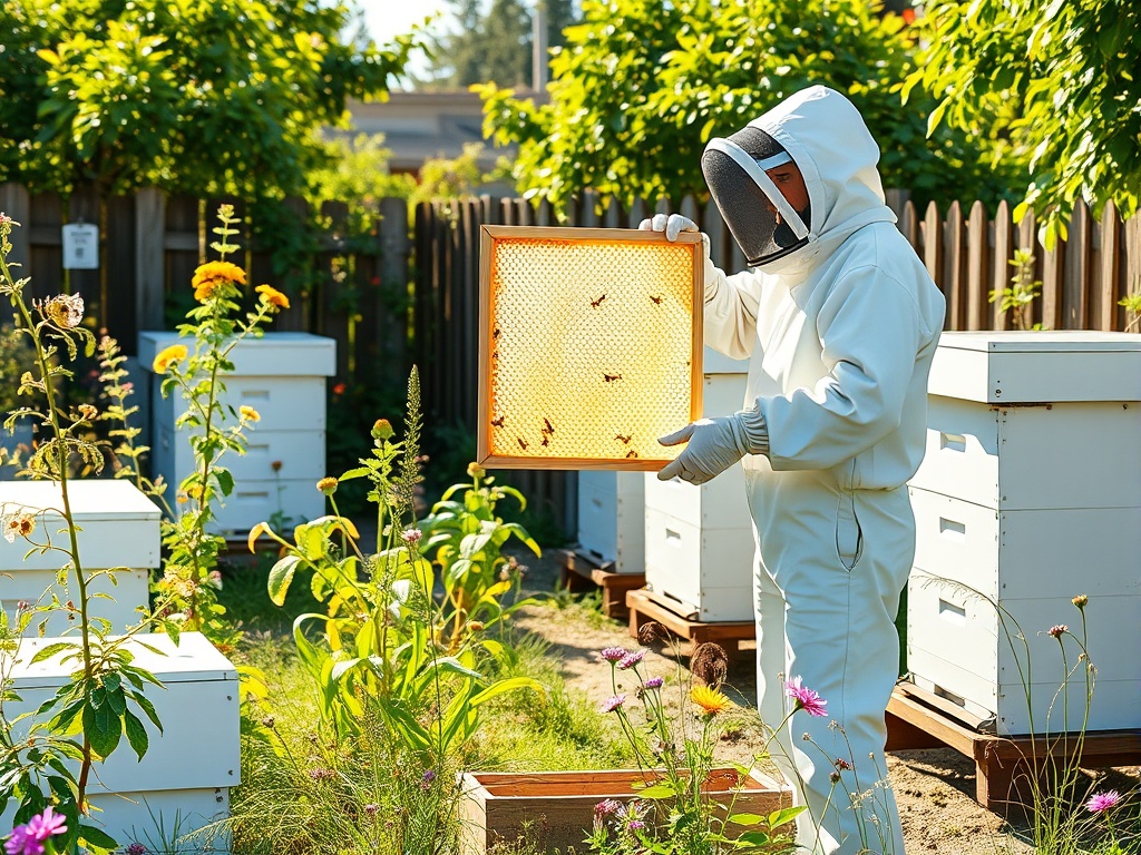 Beekeeper holding a honeycomb frame in a sunny backyard apiary